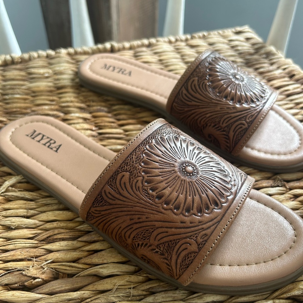 Myra Bag Brown Tooled Leather Sandals